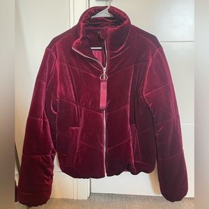 Maroon/burgundy /dark red colored velvet-like textured soft puffer jacket